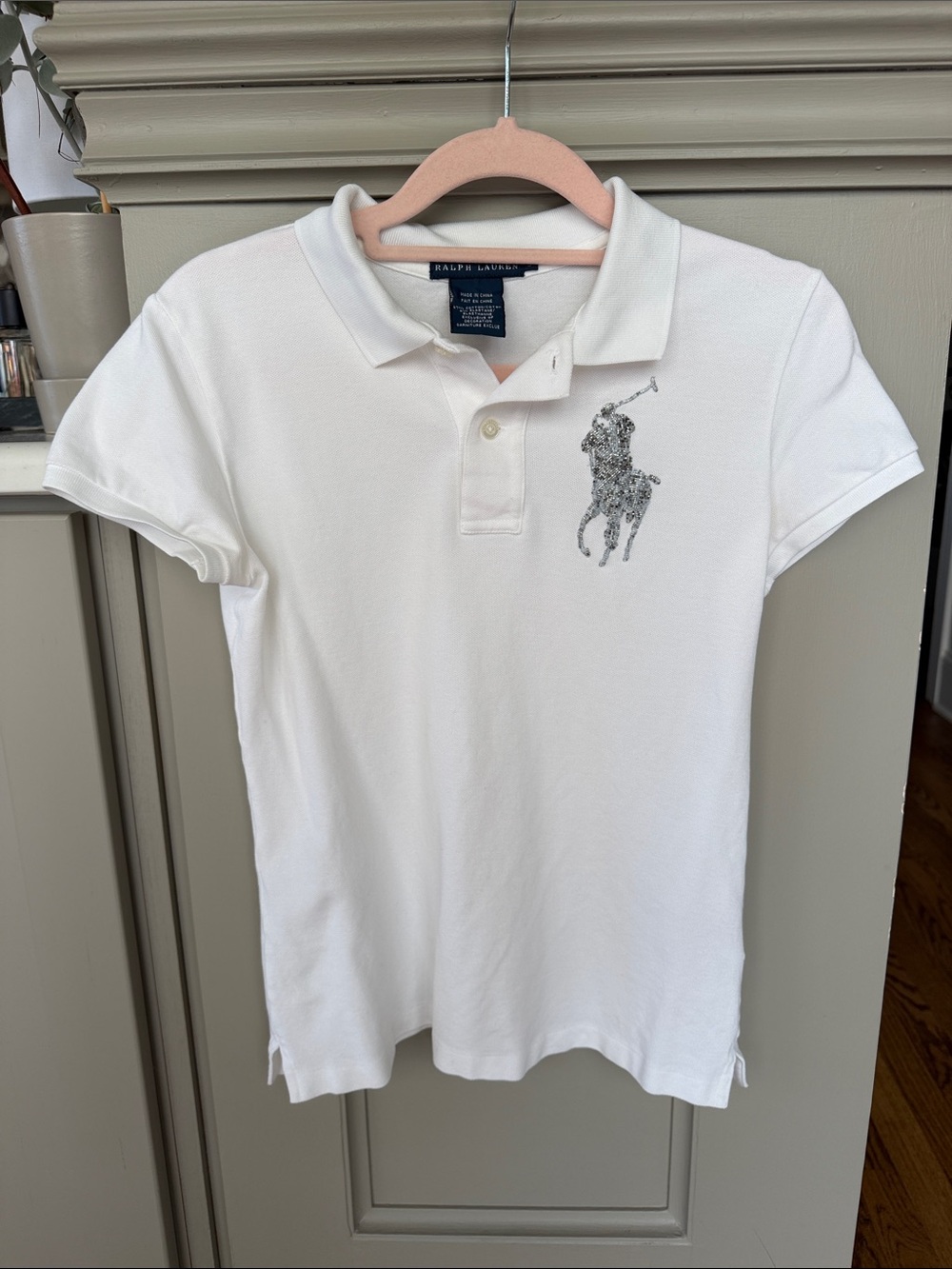 Ralph Lauren White Polo with Large Beaded Logo